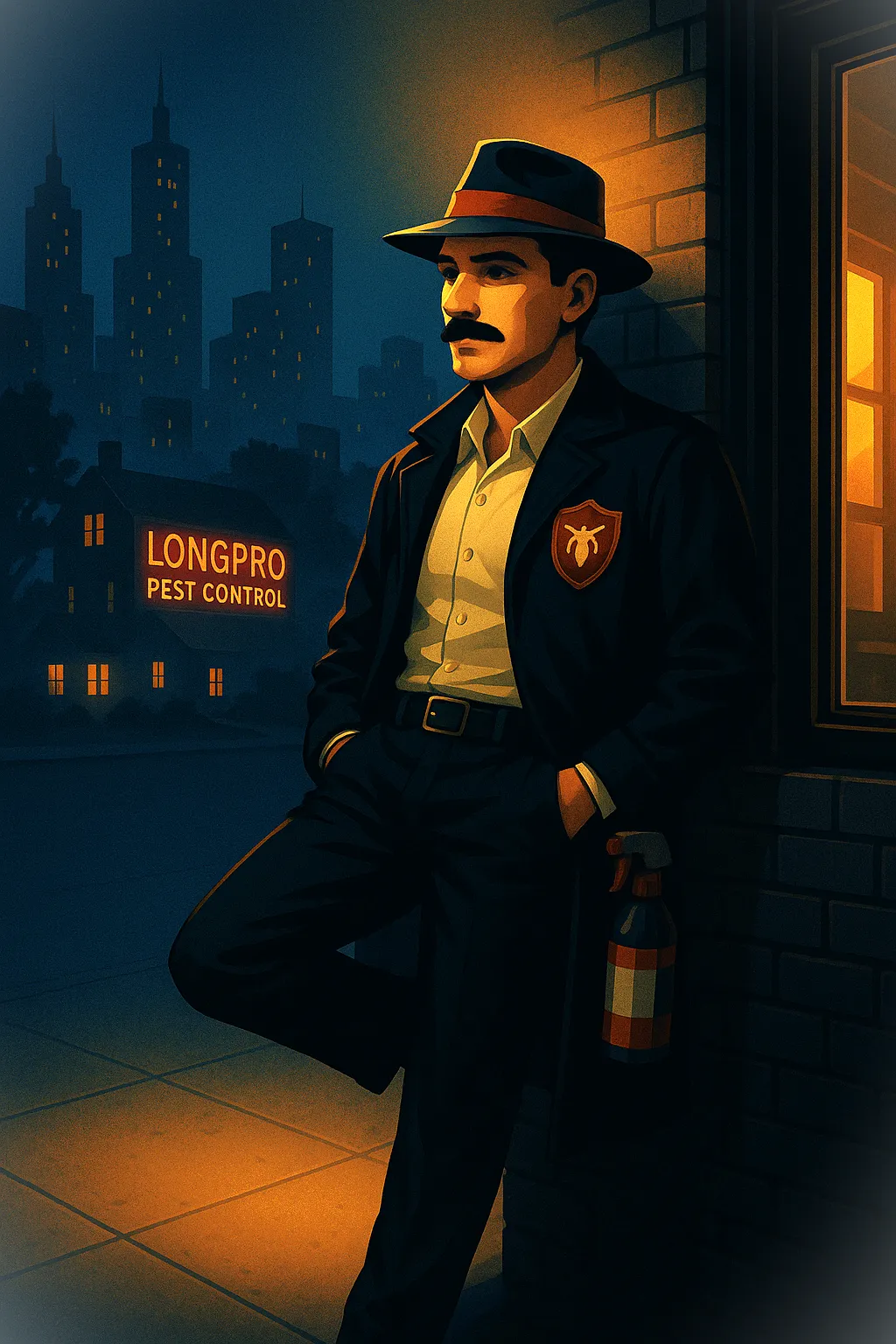 Detective leaning with LongPro Pest Control sign in the background