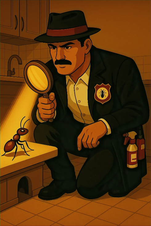 The Pest Detective with magnifying glass investigating pests